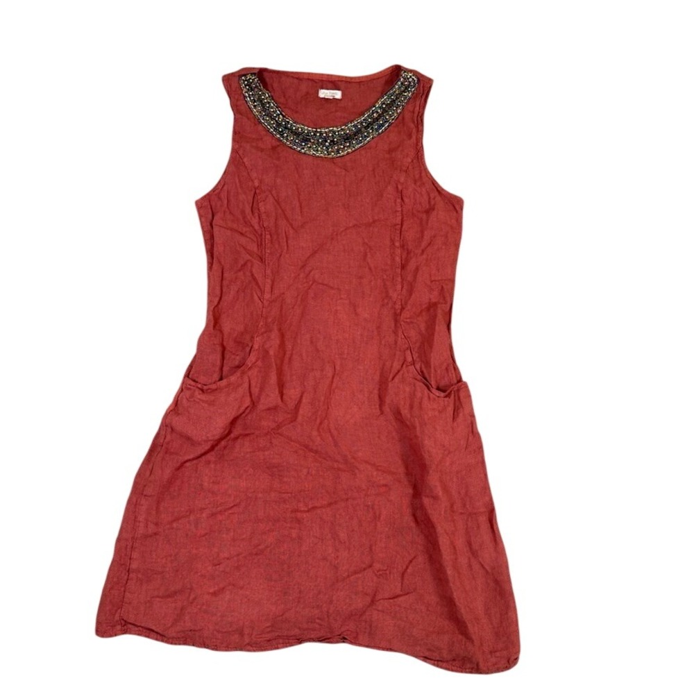 Lina Tomei Made in Italy Red Linen Beaded Neck Sleeveless Shift Dress Womens M